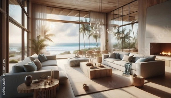 Obraz Sunlit Coastal Living Room with Ocean View and Floating Furniture