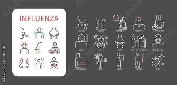Fototapeta Influenza. Flu Symptoms, Treatment. Line icons set. Vector graphics for web use.