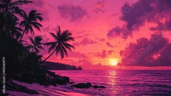 Obraz A vibrant pink and orange sunset over the ocean with palm trees silhouetted on a beach.
