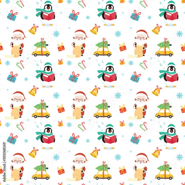 Fototapeta Seamless Christmas pattern with Santa Clause, snowman, tree, ornaments, gift, stocking, candy cane, candies, snoflakes, reindeer.