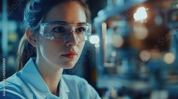 Fototapeta Female Engineer Inspecting Machine in Laboratory Setting