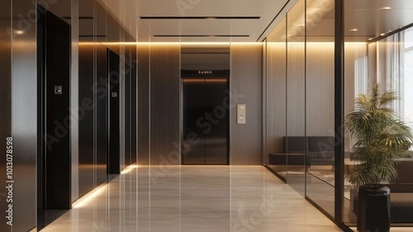 Fototapeta Modern black and classic Elevator doors of office or hotel hallway, Lobby interior, corridor in house with lift,Black elegant lift for passenger or cargo elevators,copy space.