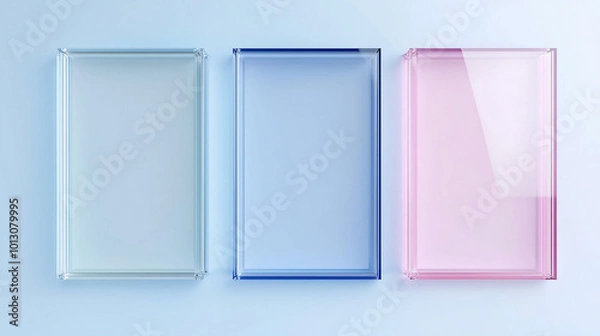 Fototapeta Three rectangular glass boxes of different sizes and shapes in three different colors  a pink and blue color scheme against a light white background