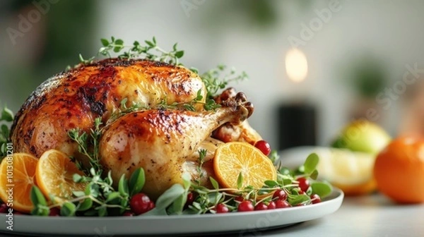 Fototapeta Thanksgiving whole chicken, wide-angle view with clean background, plated with herbs and citrus, bright white space, room for text.