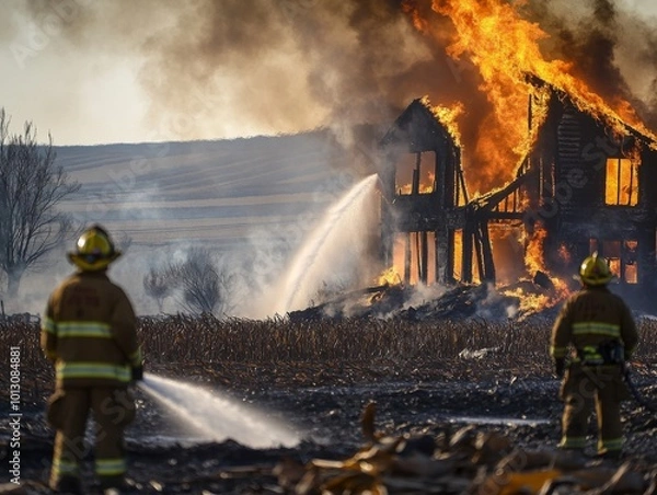 Obraz 2408 28.A close-up view of the house engulfed in flames, with firefighters using water hoses to manage the burn. The backdrop shows the rural Nebraska landscape, with cornfields and distant hills,