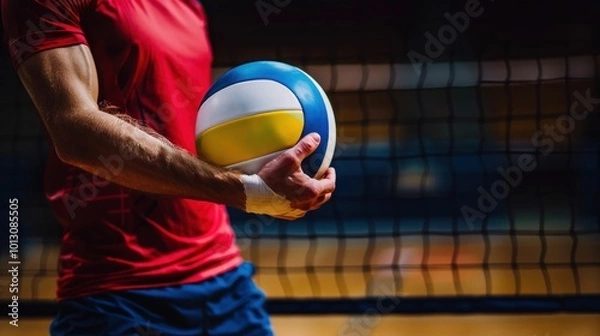 Fototapeta Volleyball Player Holding a Ball in Front of a Net