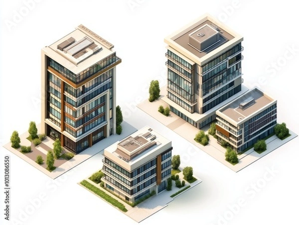 Fototapeta 2408 66.A set of isometric buildings with modern designs, including a sleek office tower, a compact residential complex, and a high-tech commercial center. Each building is isolated on a white