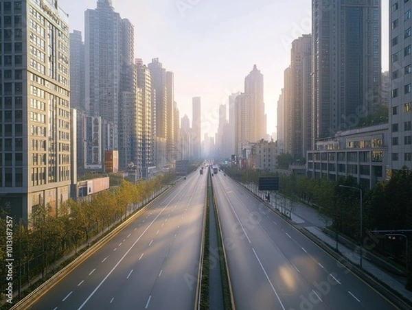 Fototapeta 2408 88.A straight highway cutting through the bustling city of Chongqing, with modern high-rises towering on both sides. The early morning sun casts long shadows, and the empty road is bathed in