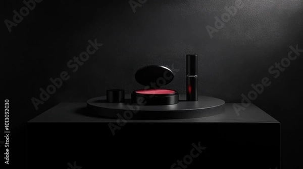 Obraz A minimalist arrangement of makeup powder and lipstick on a black platform, with bold lighting highlighting the contrast of textures.