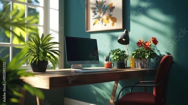 Fototapeta A modern home office showcasing a wooden desk with stylish decorative elements, a comfortable chair, and vibrant potted plants, all in a sunlit space.