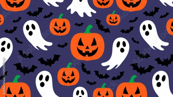 Obraz Halloween themed seamless pattern with jack-olantern pumpkins, ghosts and bats