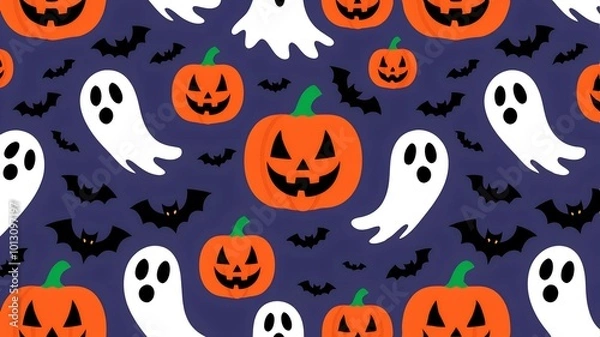 Fototapeta Halloween colorful seamless pattern with jack o lantern pumpkins, ghosts and bats