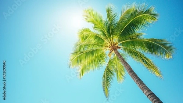Fototapeta lush green palm tree swaying gently against a clear blue sky on a tropical beach