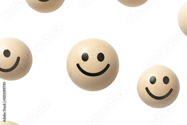 Fototapeta Wooden smiley faces floating against a black background, evoking feelings of happiness and joy.
