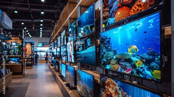 Fototapeta Modern Electronics Store Featuring Vibrant TV Displays with Colorful Underwater Scenes