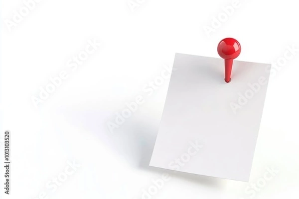 Fototapeta Minimalist Red Push Pin Holding Blank Paper on White Background for Notes or Messages