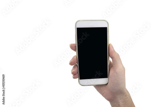 Fototapeta Hand holding smart phone isolated over white background - mockup