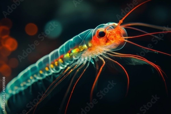 Fototapeta Mystic portrait of Ctenophores Zooplankton, copy space on right side, Close-up View, isolated on black background