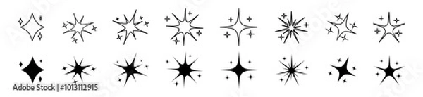 Fototapeta Black sparkle set. Signs of shining and twinkling start. Space minimalistic icons outline.