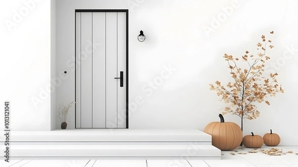 Fototapeta Modern entrance featuring a white door, autumn decor, and a cozy vibe.