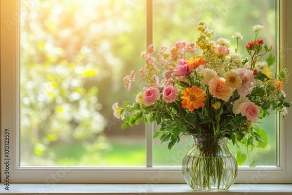 Fototapeta A stunning arrangement of pink, orange, and white flowers fills a glass vase, illuminated by warm sunlight streaming through the window. Generative AI