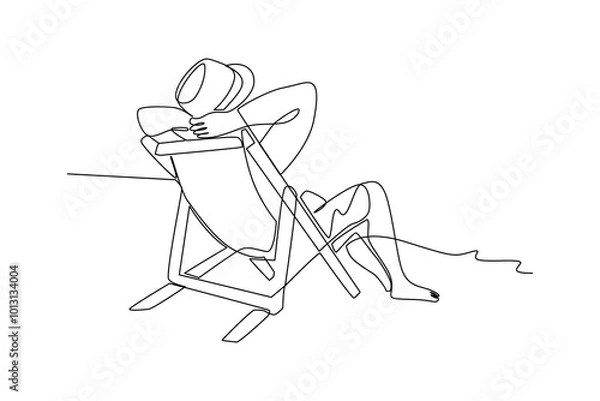 Obraz simple continuous line drawing of a man is enjoying a holiday while sitting on the beach. Holiday minimalist concept. Sea holiday, diving, simple line, vector.
