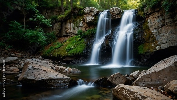 Fototapeta Waterfall cascading down rocks.