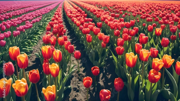 Obraz Flower field of colourful tulips in spring.  Fresh blooming tulips in the spring garden. AI generated image, ai