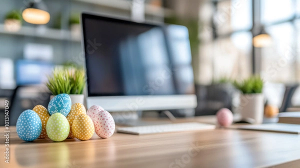 Obraz Easter eggs celebrating on a desk in a modern office