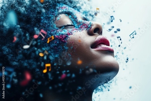Fototapeta A vibrant depiction of a woman immersed in music with colorful notes and artistic elements surrounding her, evoking a sense of dreamy escape and creativity.