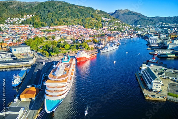 Obraz Aerial view of Bergen harbor and cruise ship at wharf, Norway