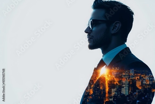 Obraz Silhouette of a businessman with cityscape double exposure on white background