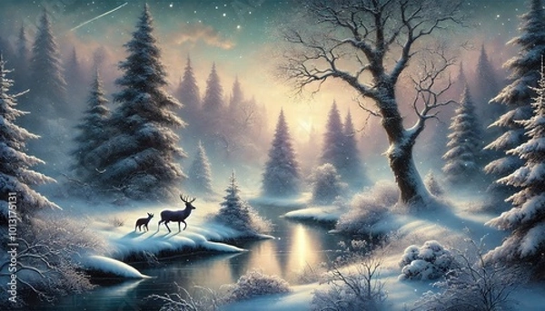 Fototapeta A Mystical Winter Landscape with Snow-Covered Trees and a Peaceful River in a Dreamlike Setting