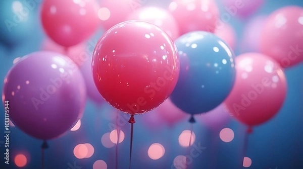 Obraz Pink and blue balloons floating against a blue background with bokeh lights.