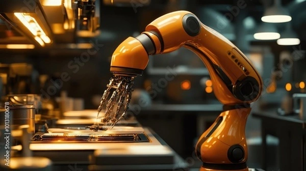 Fototapeta Close-up of a sleek robot chef preparing molecular cuisine, bright lights, high-tech kitchen, fusion of art and science