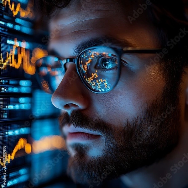 Fototapeta A focused man, his glasses reflecting vibrant data streams, intently analyzes complex financial algorithms in a dimly lit room, a testament to the intricate world of quantum finance.