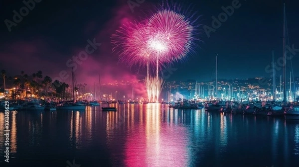 Obraz Fireworks above a bustling marina, celebrating New Year 2025 with vibrant colors