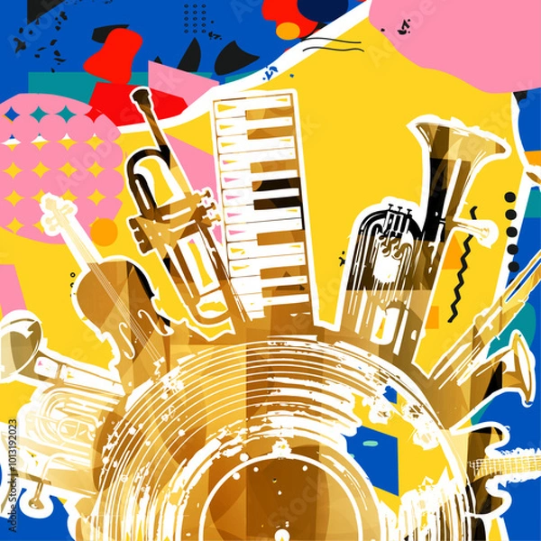 Fototapeta Music background with colorful music instruments and vinyl record disc vector illustration. Music festival poster with double bell euphonium, violoncello, trumpet, piano, euphonium, sax and guitar