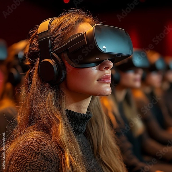 Fototapeta Immersive Experience: A captivated audience enjoys a virtual reality cinema premiere, headsets on, lost in the digital world.  A new era of entertainment unfolds.