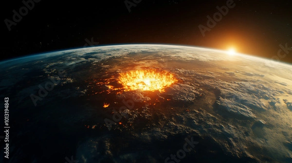 Fototapeta Simulation of nuclear bomb on ground of earth, view from space.