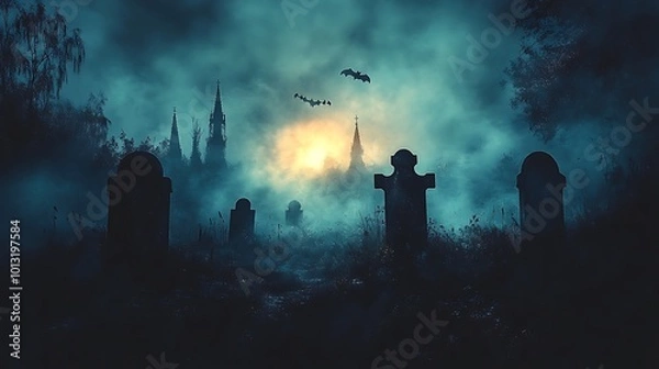 Fototapeta Mysterious graveyard at night shrouded in fog with a spooky atmosphere featuring a full moon, silhouettes of trees, tombstones, bats, and an eerie landscape perfect for Halloween