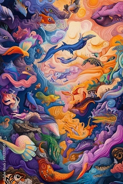 Fototapeta High-angle view of a vibrant fantasy landscape, exotic animals thrive in surreal harmony, colors blend and swirl