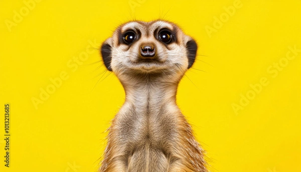 Fototapeta A close-up of a meerkat against a vibrant yellow background, showcasing its curious expression and unique features.
