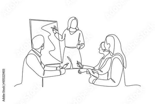 Fototapeta simple continuous line drawing of An employee is making a presentation in front of his colleagues with the help of a whiteboard. Conference minimalist concept. Business minimalist concept. Simple line
