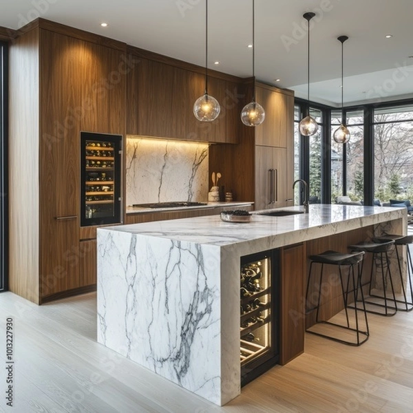 Obraz Modern Kitchen Island with Marble Countertop and Wine Cooler