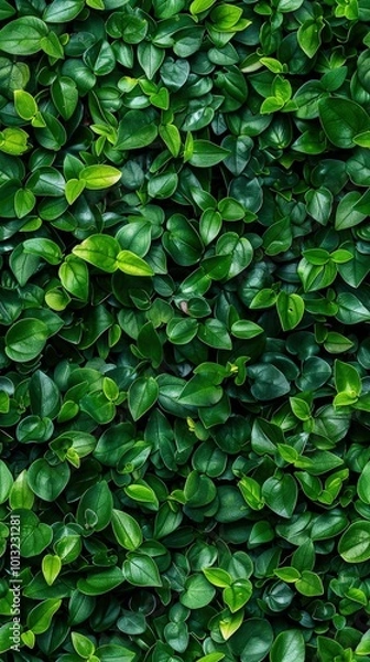 Fototapeta Dense wall of tiny leaves, arranged in a natural pattern, vibrant greens with soft shadows, perfect for organic and nature-inspired themes.