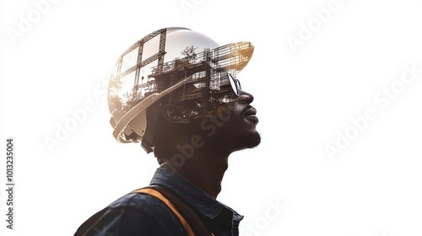 Fototapeta Double exposure of an engineer wearing a helmet and a construction site, isolated on a white background with a double shadow effect.