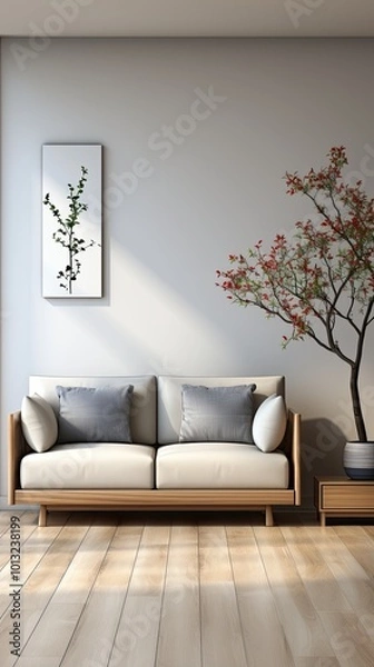 Fototapeta Home interior with gray sofa and white wall mock up, Scandinavian style, 3d 