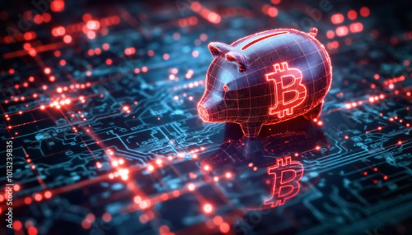 Fototapeta Piggybank with bitcoin symbol on side, glowing electronic circuit background. Cryptocurrency savings concept. Generative AI