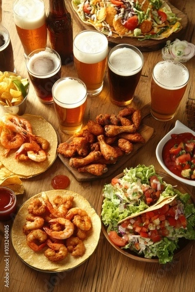 Obraz A wooden table with various types of fast food and beer mugs, including chicken wings, shrimp, soft drinks, tacos, and a mixed salad, shot from above.